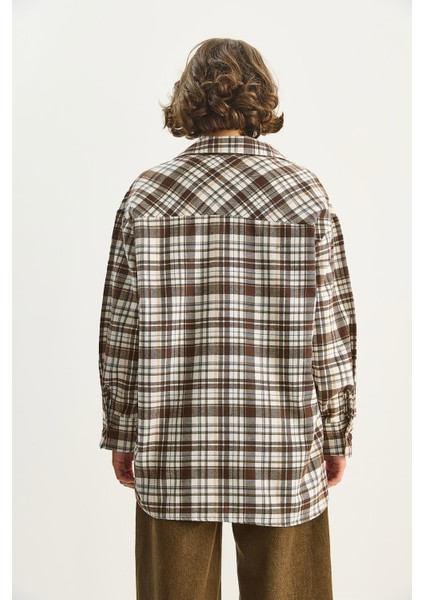 Kadın Tek Cep Detaylı Oversize Ekose Gömlek