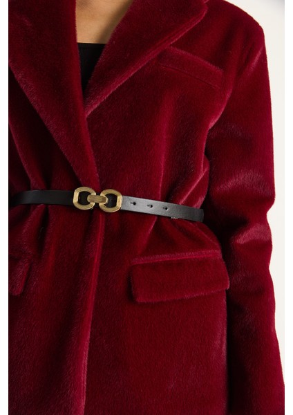 Kadın Cep Detaylı Astarlı Kemerli Peluş Dokulu Blazer Ceket