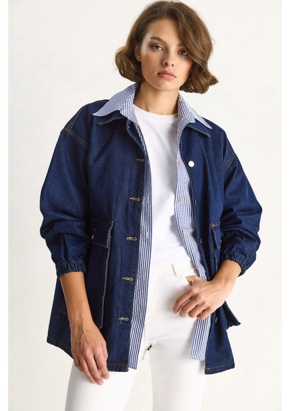 Kadın Büyük Cep Detaylı Kolu Lastikli Denim Ceket