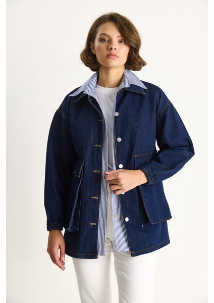 Kadın Büyük Cep Detaylı Kolu Lastikli Denim Ceket fiyatları
