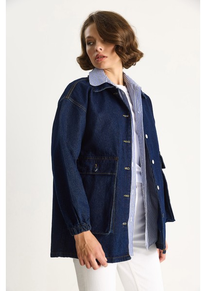 Kadın Büyük Cep Detaylı Kolu Lastikli Denim Ceket modelleri
