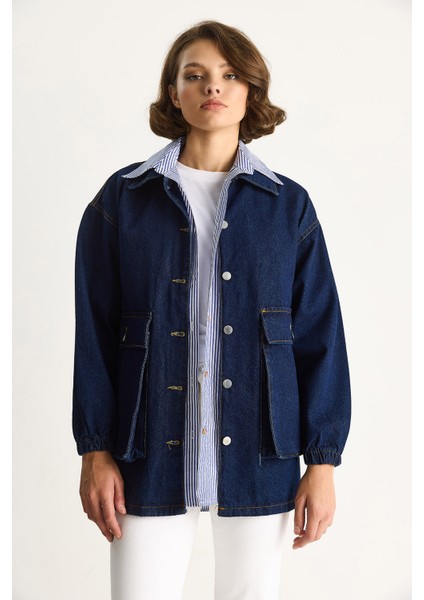 Kadın Büyük Cep Detaylı Kolu Lastikli Denim Ceket fırsatları