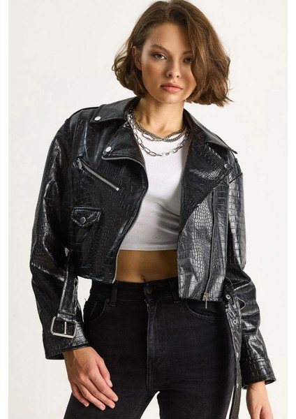 Kadın Kemerli Krokodil Crop Suni Deri Ceket
