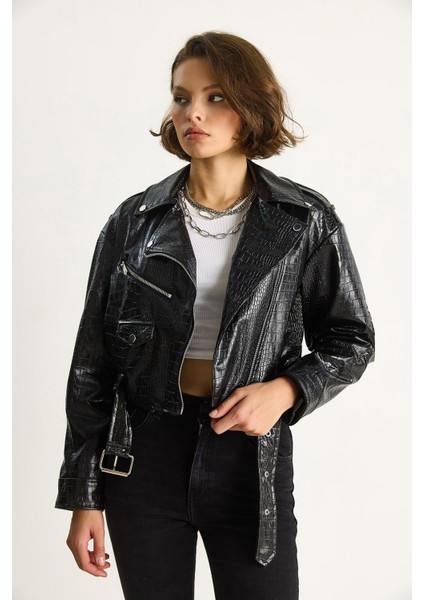 Kadın Kemerli Krokodil Crop Suni Deri Ceket fiyatları