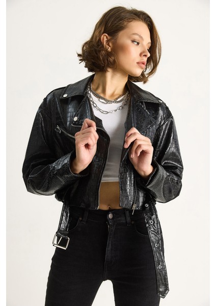 Kadın Kemerli Krokodil Crop Suni Deri Ceket modelleri