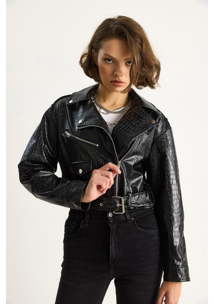 Kadın Kemerli Krokodil Crop Suni Deri Ceket indirimleri