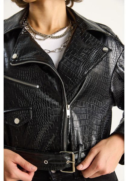 Kadın Kemerli Krokodil Crop Suni Deri Ceket