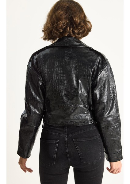 Kadın Kemerli Krokodil Crop Suni Deri Ceket