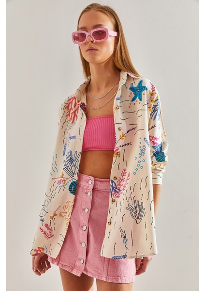 Kadın Multi Desenli Salaş Keten Gömlek