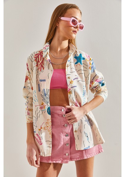 Kadın Multi Desenli Salaş Keten Gömlek modelleri