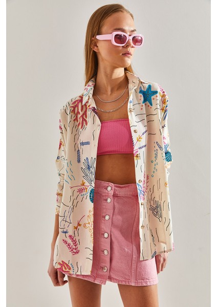 Kadın Multi Desenli Salaş Keten Gömlek