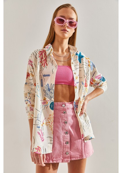 Kadın Multi Desenli Salaş Keten Gömlek