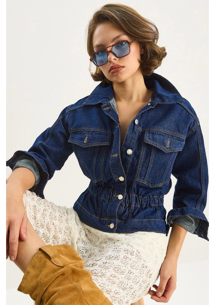 Kadın Beli Lastikli Denim Ceket