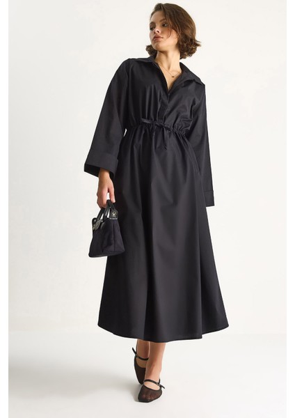 Kadın Gömlek Yaka Uzun Kollu Bel Bağlamalı Cep Detaylı Poplin Elbise