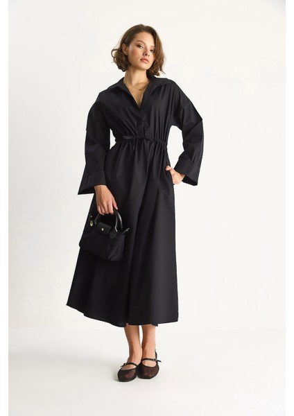 Kadın Gömlek Yaka Uzun Kollu Bel Bağlamalı Cep Detaylı Poplin Elbise fiyatları