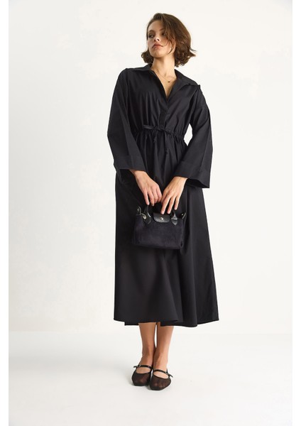 Kadın Gömlek Yaka Uzun Kollu Bel Bağlamalı Cep Detaylı Poplin Elbise modelleri