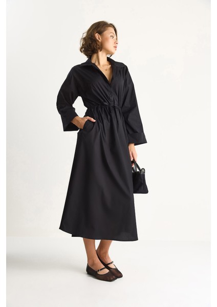 Kadın Gömlek Yaka Uzun Kollu Bel Bağlamalı Cep Detaylı Poplin Elbise fırsatları