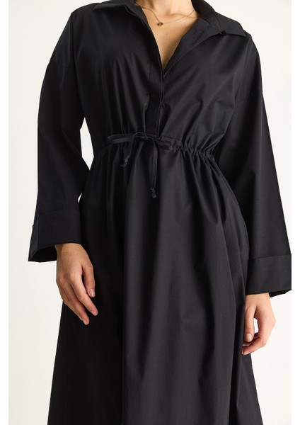 Kadın Gömlek Yaka Uzun Kollu Bel Bağlamalı Cep Detaylı Poplin Elbise