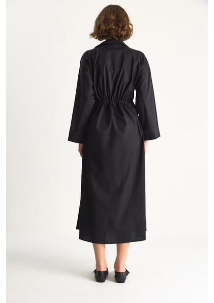 Kadın Gömlek Yaka Uzun Kollu Bel Bağlamalı Cep Detaylı Poplin Elbise