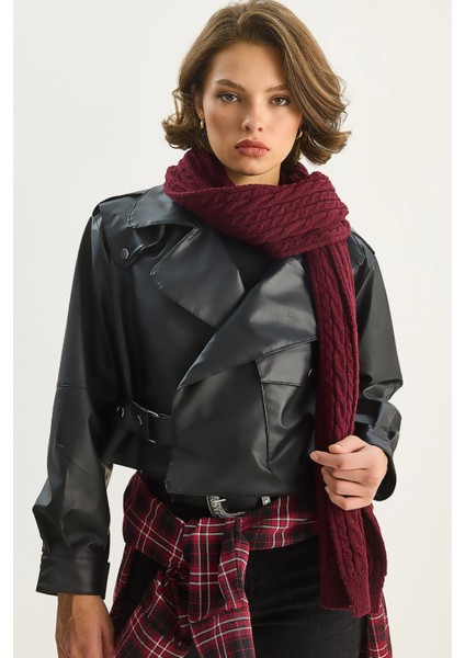 Kadın Geniş Cep Detaylı Kemerli Oversize Crop Deri Ceket