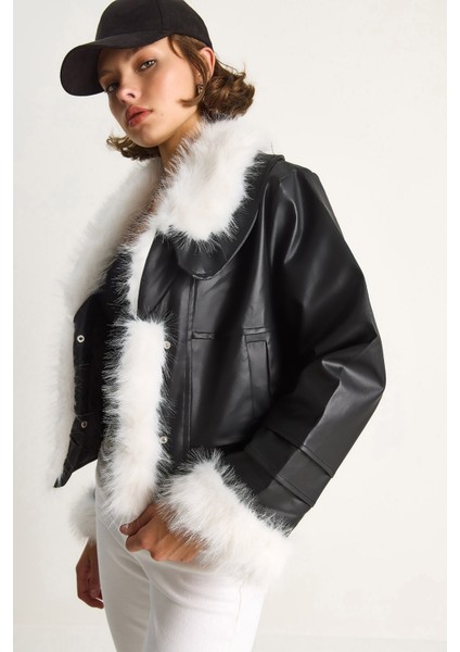 Kadın Yakası ve Kolları Kürklü Suni Deri Ceket fiyatları