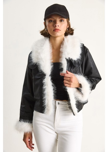 Kadın Yakası ve Kolları Kürklü Suni Deri Ceket fırsatları