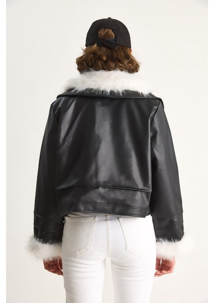 Kadın Yakası ve Kolları Kürklü Suni Deri Ceket