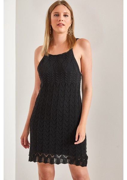 Kadın Askılı Desenli Triko Elbise