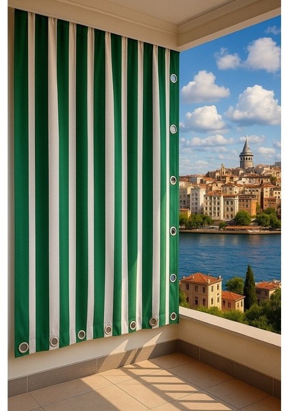 Balkon Perdesi Brandası Kuş Gözü Seçenekli Yeşil Çizgili