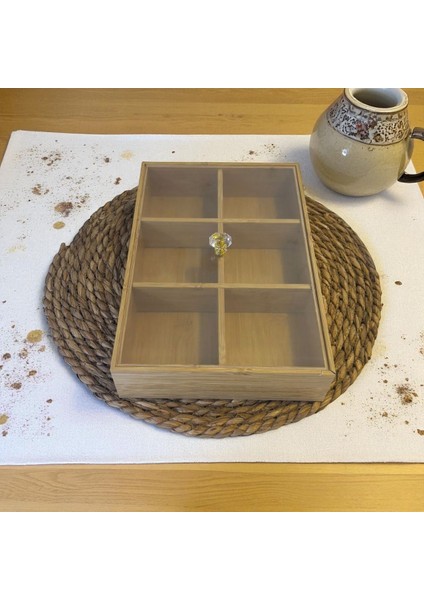 Kapaklı Çay Saklama Kutusu - Poşet Çay Saklama Kabı - Çay Kutusu Bambu 6 Bölmeli