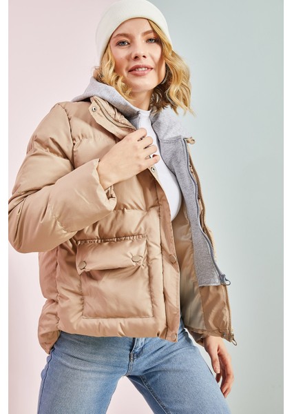 Kadın Gri Kapüşonli Şişme Mont fiyatları