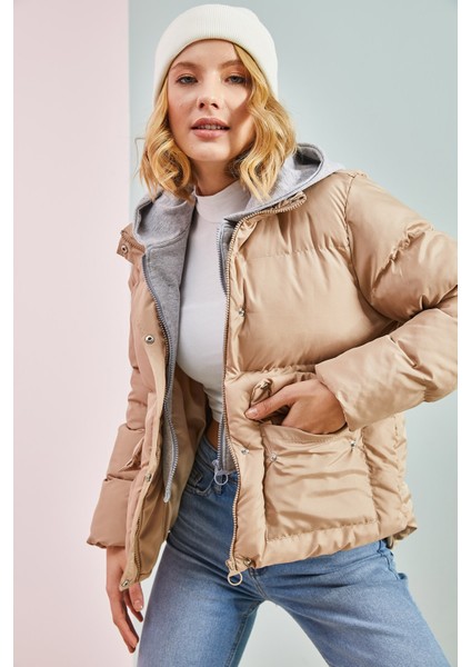 Kadın Gri Kapüşonli Şişme Mont fırsatları