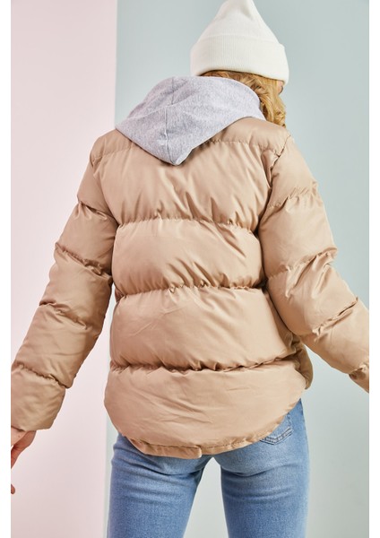 Kadın Gri Kapüşonli Şişme Mont