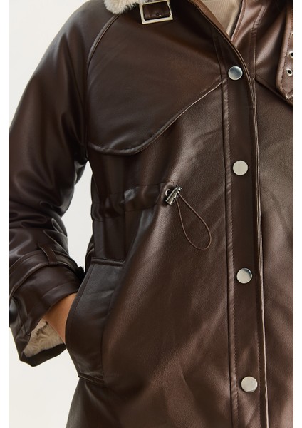 Kadın Gömlek Yaka Içi Kürk Belden Büzgü Ayarlamalı Cep Detaylı Suni Deri Mont