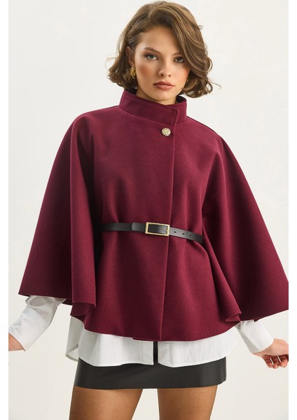 Kadın Gold Düğme Detaylı Kemerli Panço