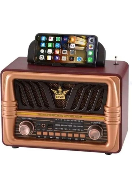 NS-8077 Büyük Boy Telefon Tutma Aparatlı Retro Ahşap Tasarım Bluetooth Hoparlörlü Radyo Fm/am