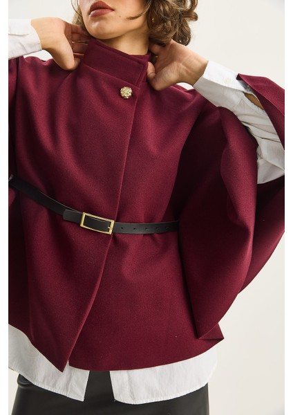 Kadın Gold Düğme Detaylı Kemerli Panço