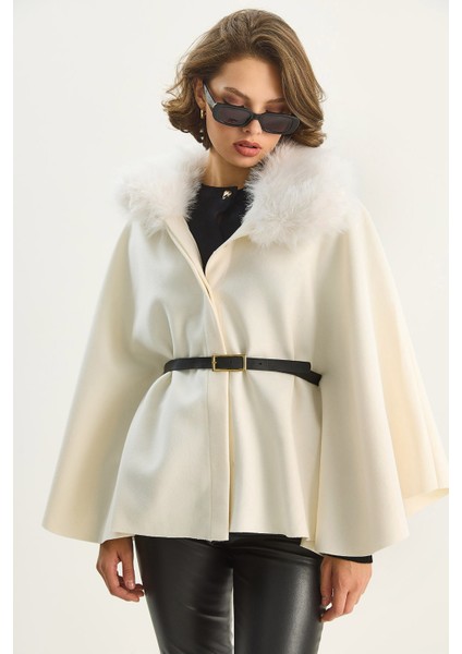 Kadın Peluş Yaka Detaylı Kemerli Kaşe Panço fiyatları