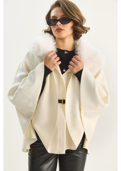 Kadın Peluş Yaka Detaylı Kemerli Kaşe Panço fırsatları