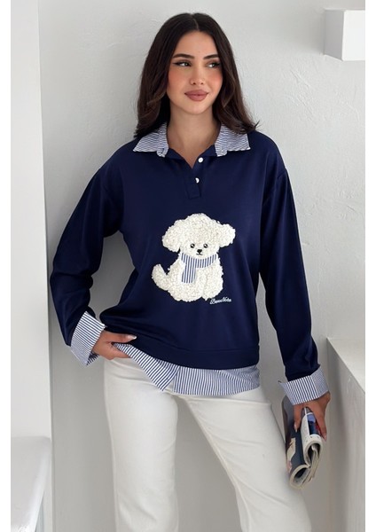 Kadın Nakış Peluş Ayıcık Figürlü Sweatshirt – Eğlenceli & Şehirli Stil