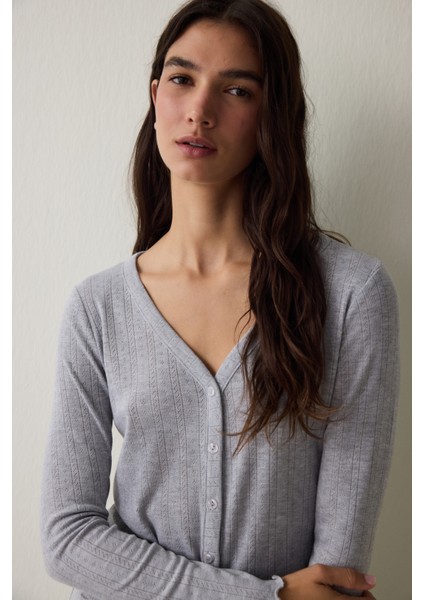 Açık Gri Melanj Dahlia V Yaka Uzun Kol Termal Etkili Pijama Takımı fiyatları