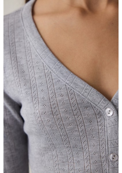 Açık Gri Melanj Dahlia V Yaka Uzun Kol Termal Etkili Pijama Takımı modelleri