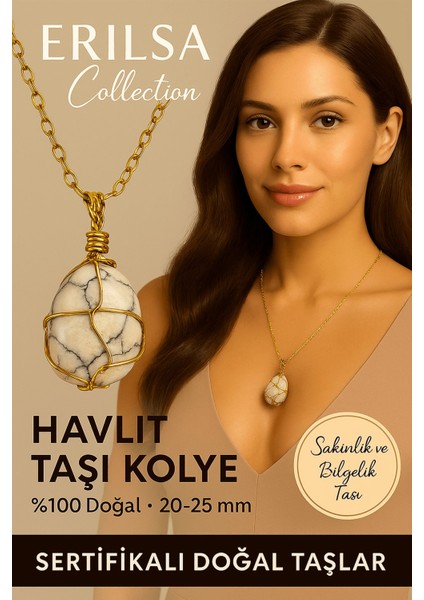 Sertifikalı Tel Sargılı Doğal Havlit Taşı Kolye – Altın Kaplama Sakinlik ve Bilgelik Taşı