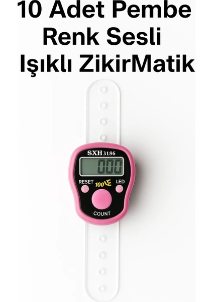 10 Adet Pembe Renkli Sesli Işıklı Dijital Zikirmatik – Yüzük Tesbih Sayaç – 100’DE Alarm Özellikli