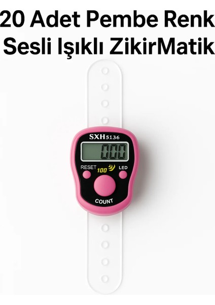 20 Adet Pembe Renkli Sesli Işıklı Dijital Zikirmatik – Yüzük Tesbih Sayaç – 100’DE Alarm Özellikli