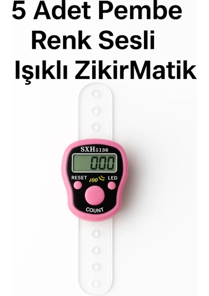 5 Adet Pembe Renkli Sesli Işıklı Dijital Zikirmatik – Yüzük Tesbih Sayaç – 100’DE Alarm Özellikli