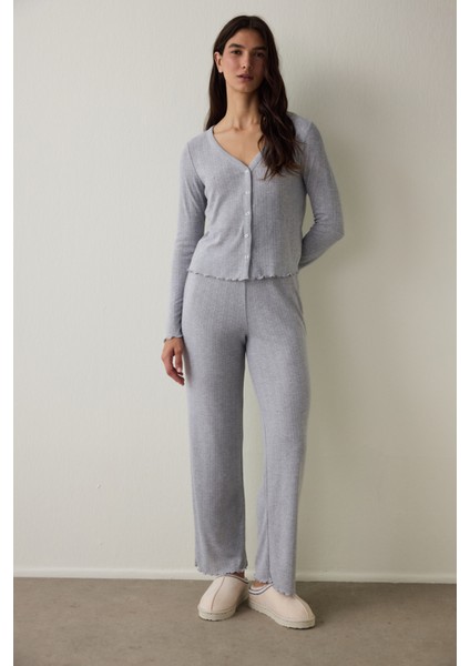 Açık Gri Melanj Dahlia V Yaka Uzun Kol Termal Etkisi Pijama Takımı