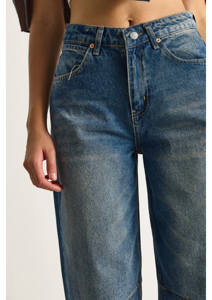 Kadın Baggy Fit Yüksek Bel Düz Paça Denim Pantolon