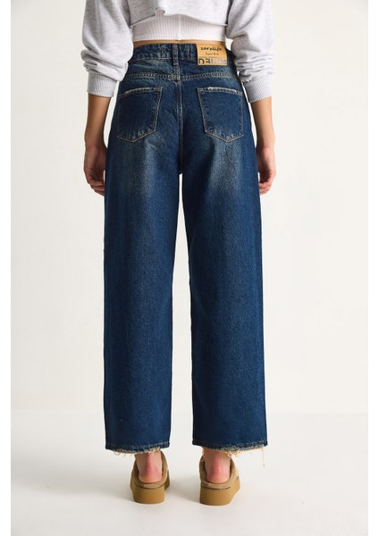 Kadın Baggy Fit Yüksek Bel Düz Paça Denim Pantolon