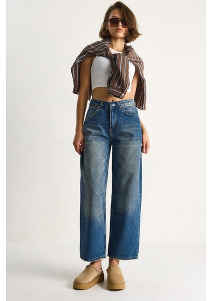 Kadın Baggy Fit Yüksek Bel Düz Paça Denim Pantolon